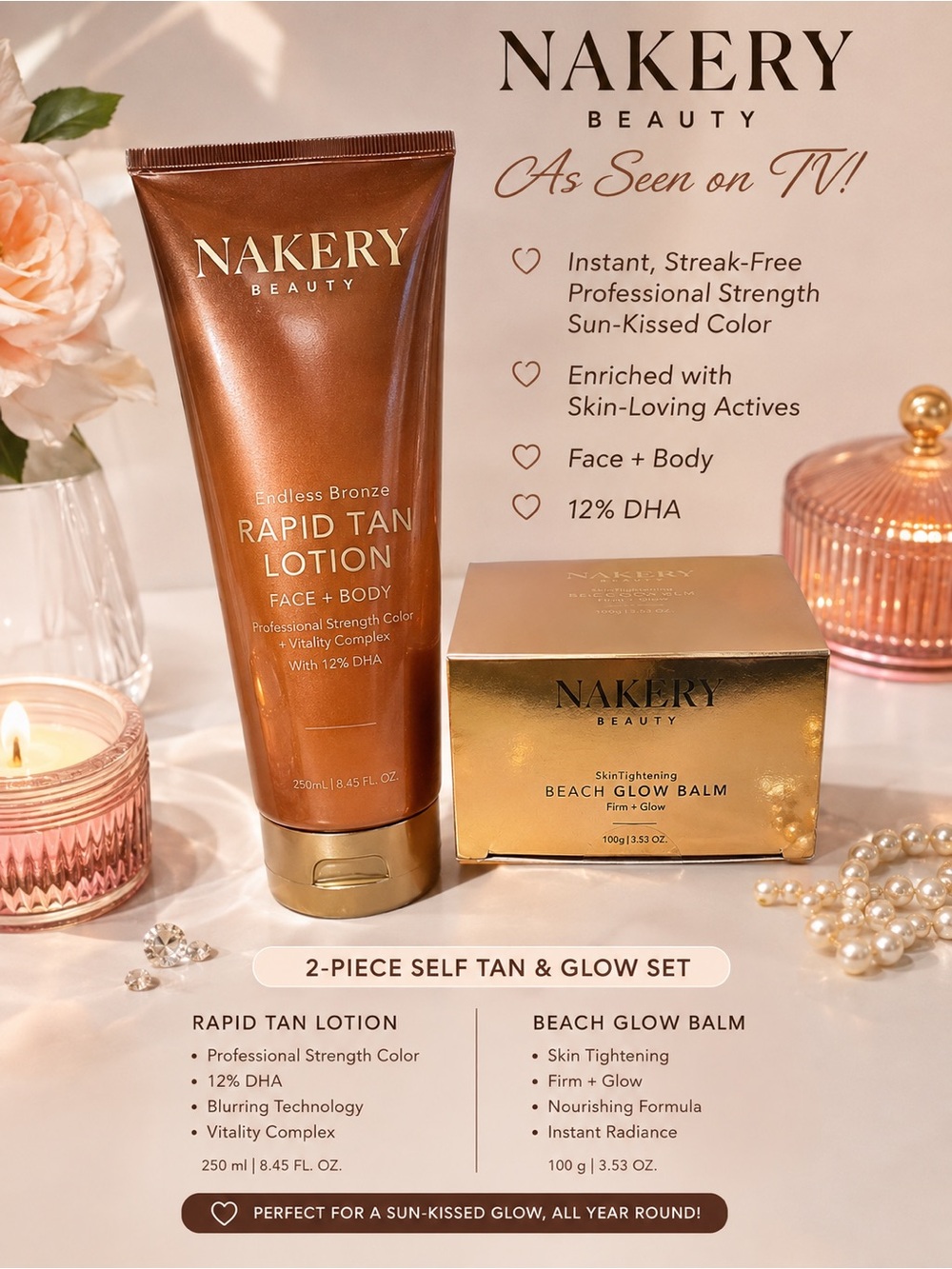 Nakery Beauty Rapid Tan Lotion & Beach Glow Balm Set - Bronze NEW